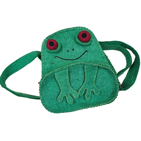 Hand Felted Frog Backpack Kids Children Green zipper pockets adjustable straps - Picture 1 of 7